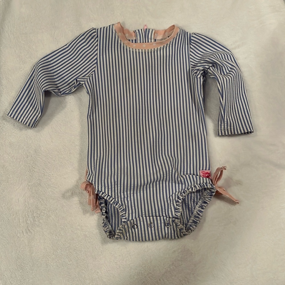 Ruffle Butts periwinkle blue seersucker long sleeve rash guard, 12-18 months